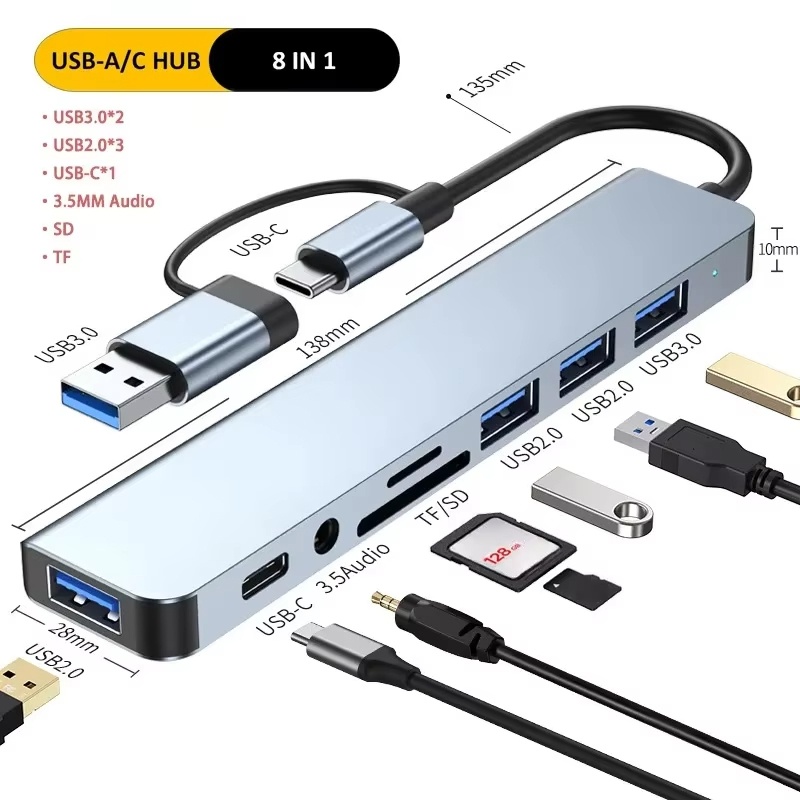 Multi Port Usb Hub - Typ-C-Hub USB-Splitter 8-in-1 USB-Extender USB-Multiport-Adapter USB-C-Anschluss
