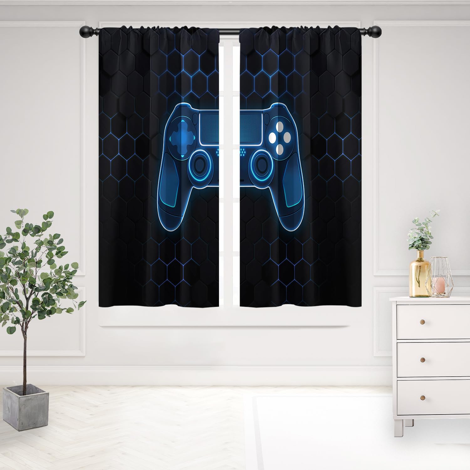 Tech Office Youtube - Luxuriöse PS-Controller Gaming-Vorhänge Blaue Neon-Tech Fenstervorhänge