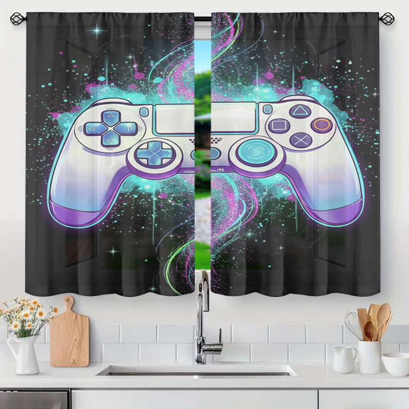 Tech Office Youtube - Videospiel-Controller Neon-Leuchtvorhänge Fenstervorhänge Futuristische Gaming-Tech-Deko Lichtdurchlässiger